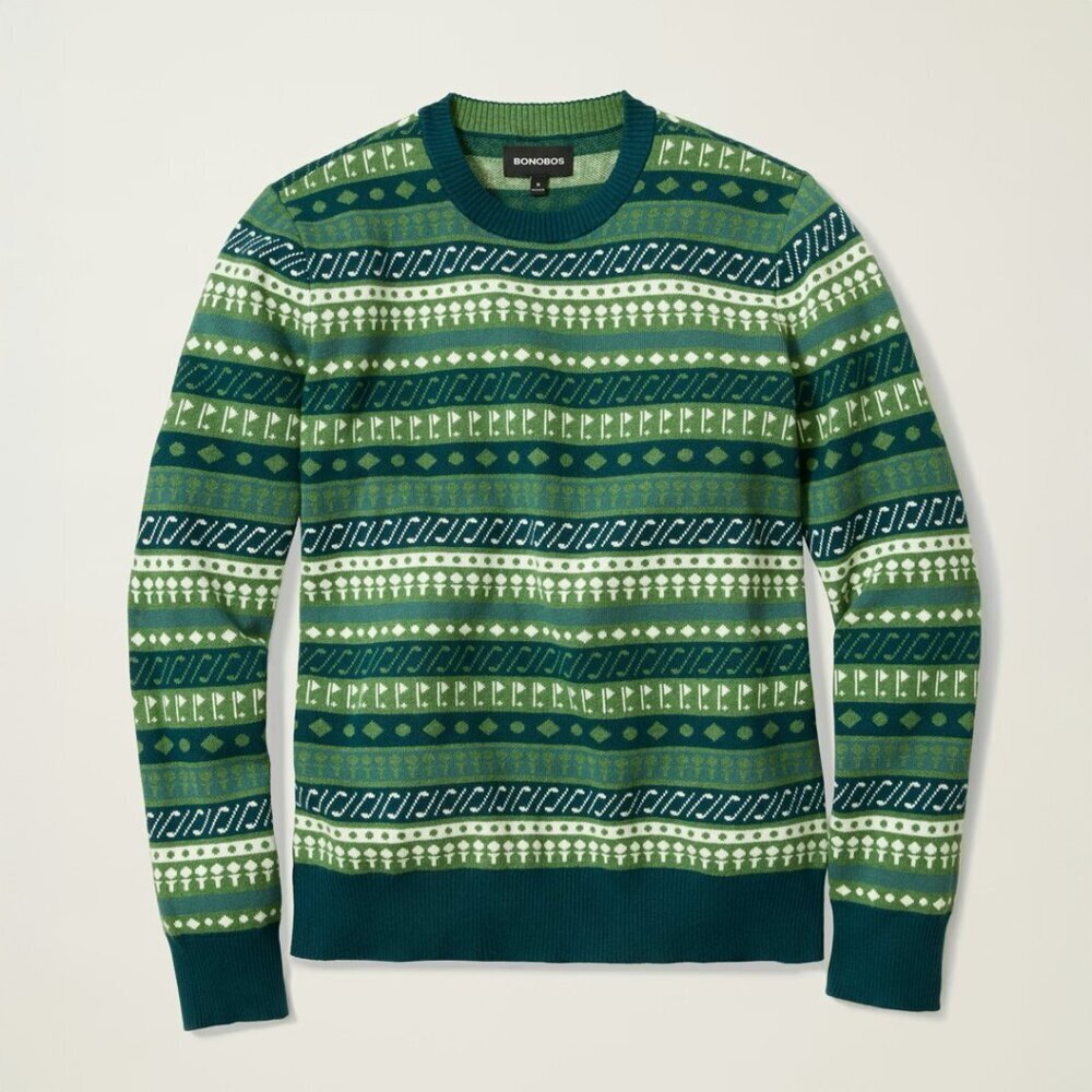 NWT $139 BONOBOS Green Golf Cotton Cashmere Crewneck Fair Isle Sweater Gift MED